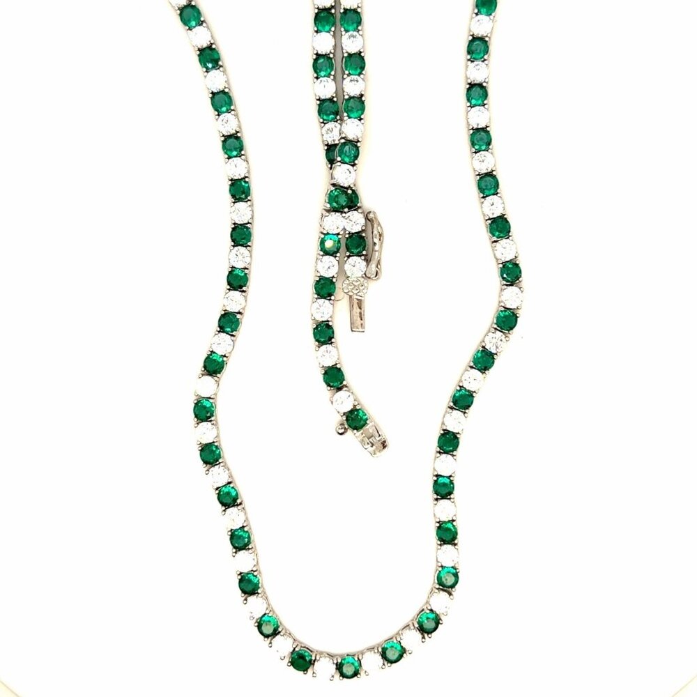 Silver 925‎ Emerald/Cz Tennis Necklace